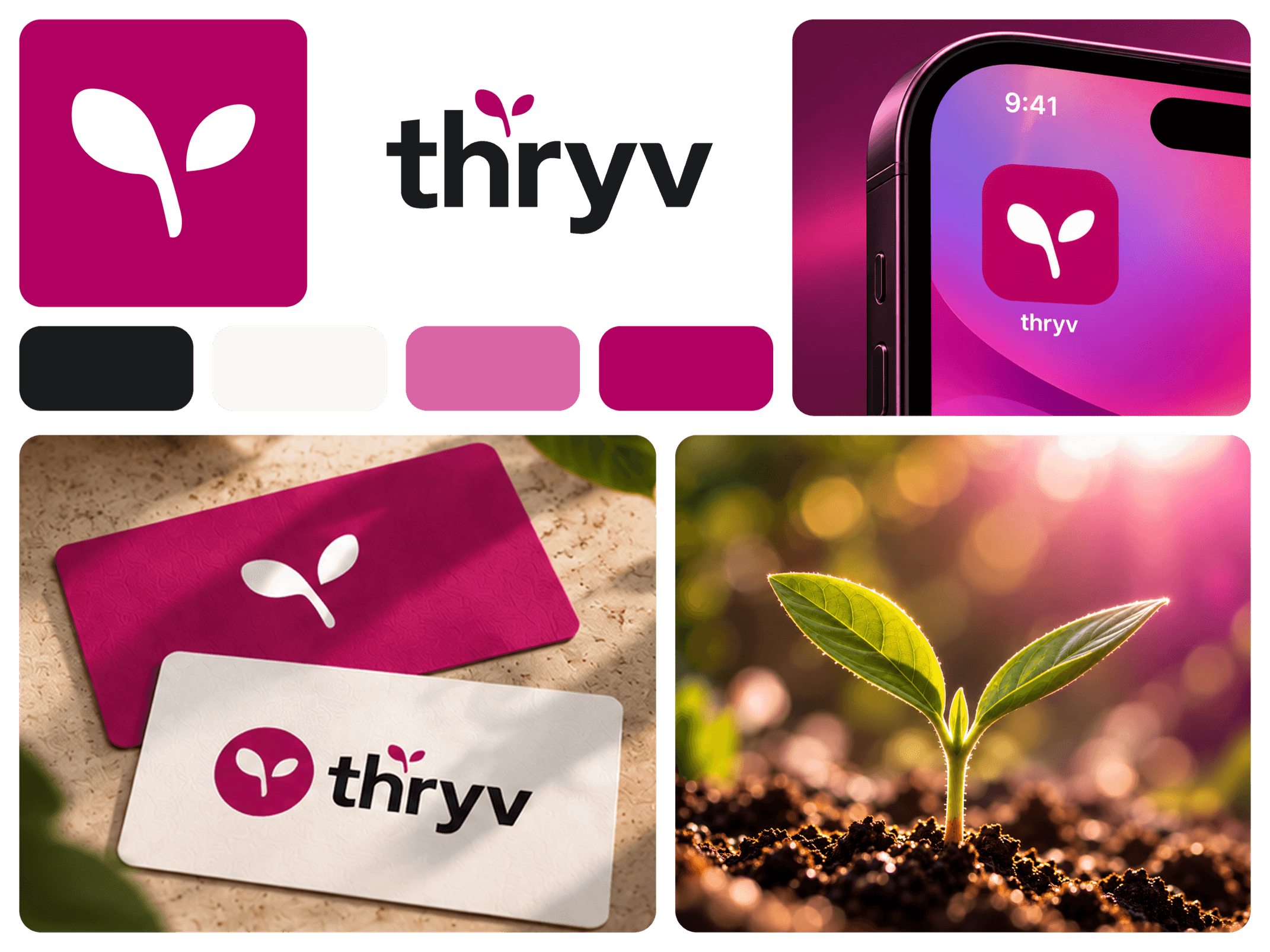 Thryv brand identity: a seedling logo mark, the thryv wordmark, a magenta and charcoal palette, the app icon on a phone, business cards and a sprouting seedling photo