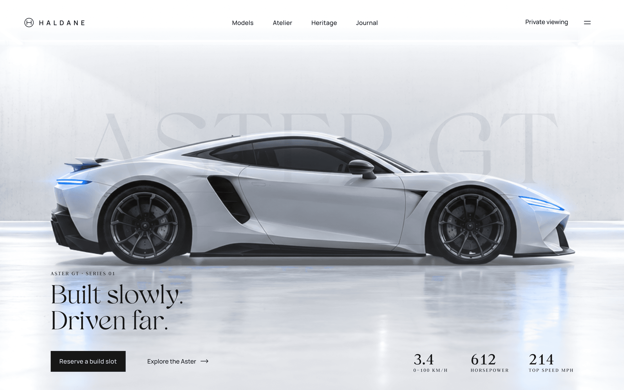 Haldane homepage: an Aster GT sports car in a studio, with the headline Built slowly. Driven far. and its 0-100, horsepower and top speed figures