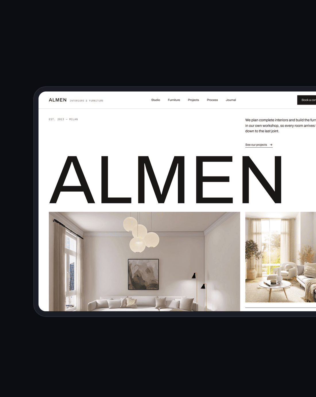 Almen Interiors & Furniture landing page concept with an oversized ALMEN wordmark above photos of a finished living room