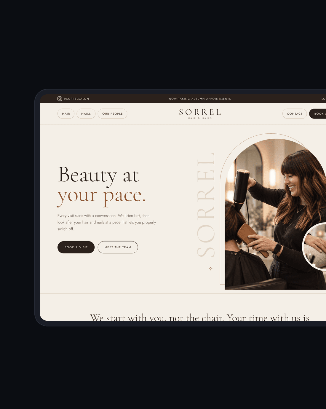 Sorrel Hair & Nails landing page concept with the headline Beauty at your pace beside an arched photo of a stylist blow-drying a client's hair