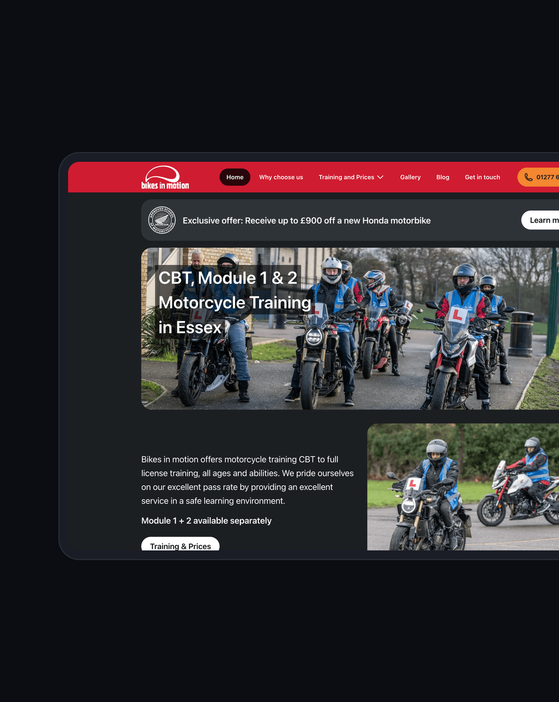 Bikes in Motion homepage with learner riders lined up on Honda motorcycles under the headline CBT, Module 1 & 2 Motorcycle Training in Essex