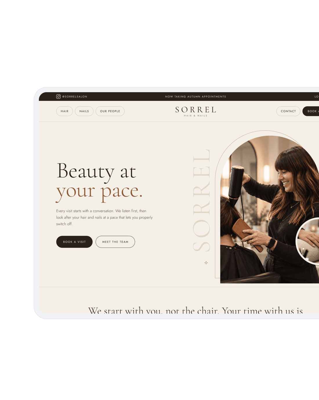 Sorrel Hair & Nails landing page concept with the headline Beauty at your pace beside an arched photo of a stylist blow-drying a client's hair