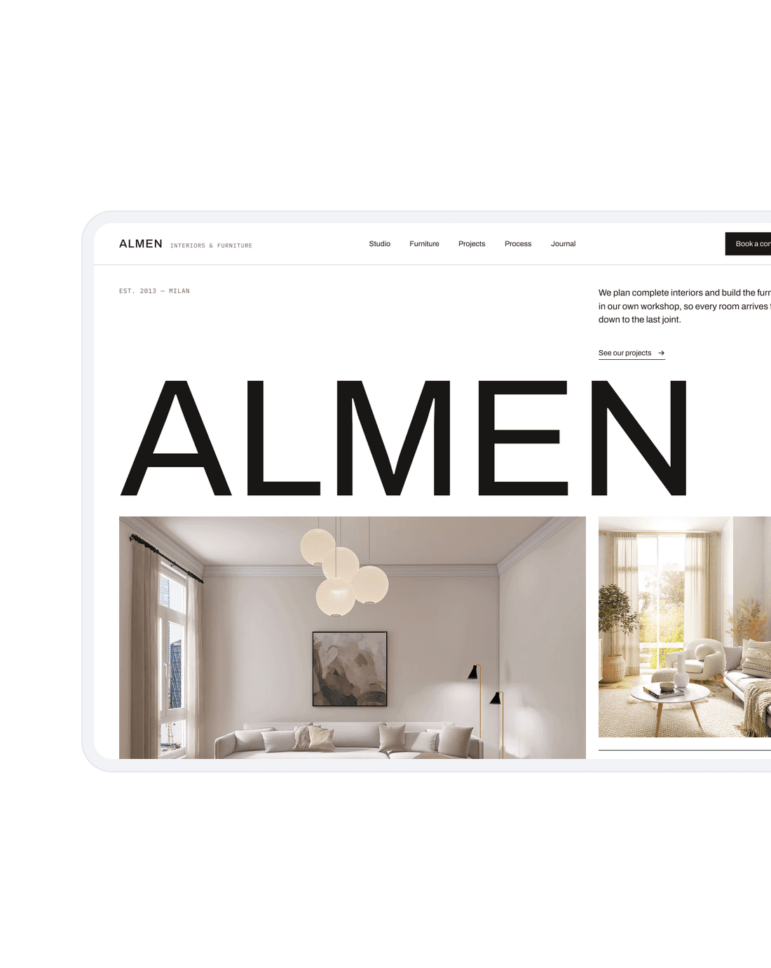 Almen Interiors & Furniture landing page concept with an oversized ALMEN wordmark above photos of a finished living room