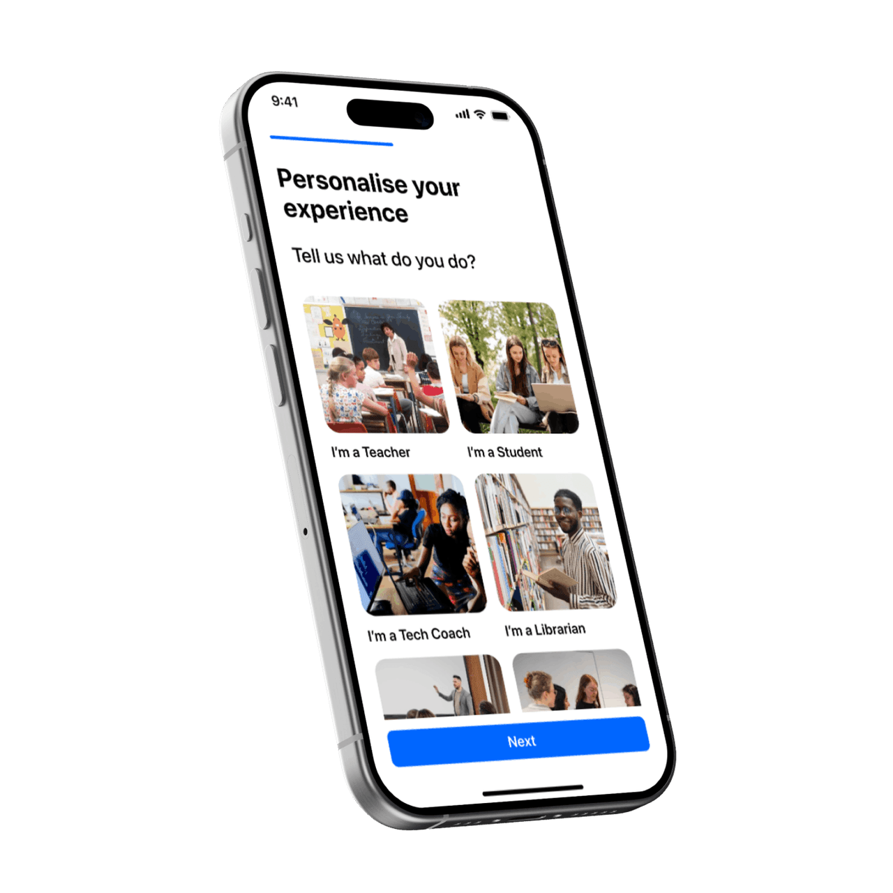 iPhone showing Wakelet's 'Personalise your experience' screen, asking whether you're a teacher, student, tech coach or librarian