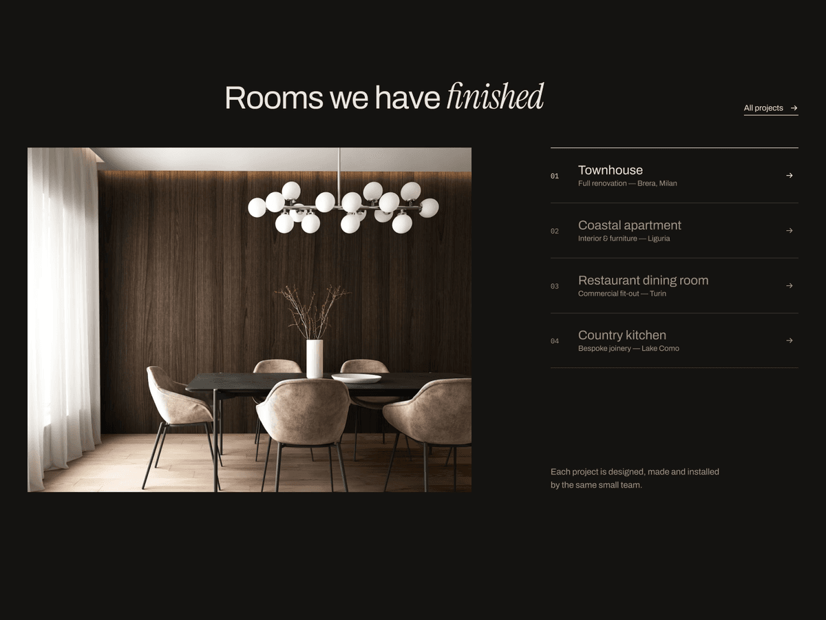 Rooms we have finished section on a dark background, with a dining room photo beside a list of four projects